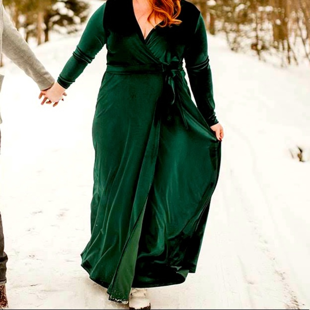 Green Velvet Wrap Maxi Dress, long sleeve, 1X